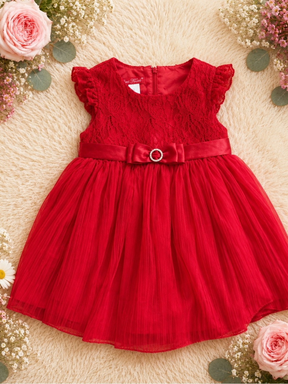 Girls Red Lace Bodice Pleated Party Dress with Satin Bow Accent